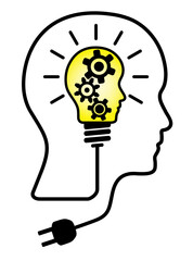 Human head, head shaped bulb, wire, gear wheels illustration. Continous draw of human head to use in idea, strategy, brainstorm, success and creative thinking projects and presentations. 