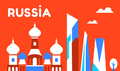 Russia. Travel and tourism background. National landmarks. Skyscrapers, business and the Orthodox Church. Russian culture, religion. Vector flat illustration on a red background.