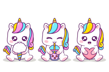 cute unicorn hugging different items