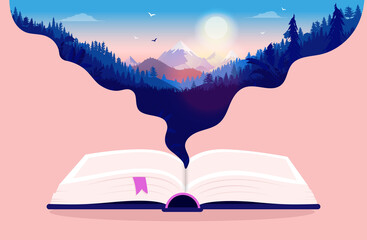 Getting lost in a good book - Open book with dreamy illustration of nature. Enjoying books and dream away concept. Vector illustration - obrazy, fototapety, plakaty
