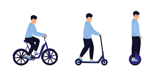 Man riding by electric bicycle, scooter, monowheel isolated on white background. Eco transport. Transportation and green vehicle © LiluArt