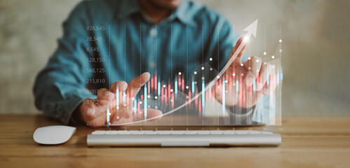 business finance technology and investment concept. Stock Market Investments Funds and Digital Assets. businessman analysing forex trading graph financial data.