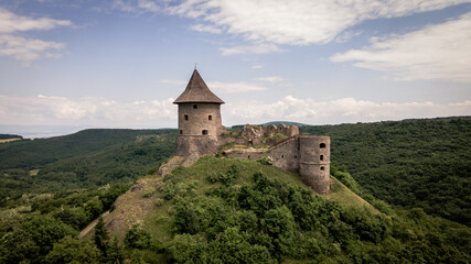 Fototapeta na wymiar Aerial view of Somoska Castle in the village of Siatorska Bukovinka in Slovakia
