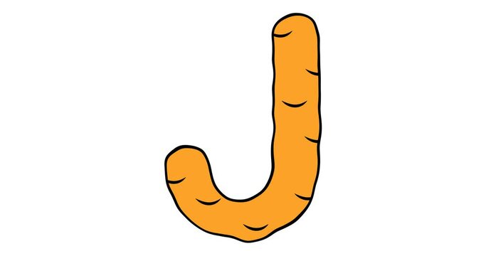 Letter J. Video in cartoon style, melting orange letter on which liquid flows down. Advertising of honey, chocolate and ice cream. 4K animation with alpha channel for web sites, presentations
