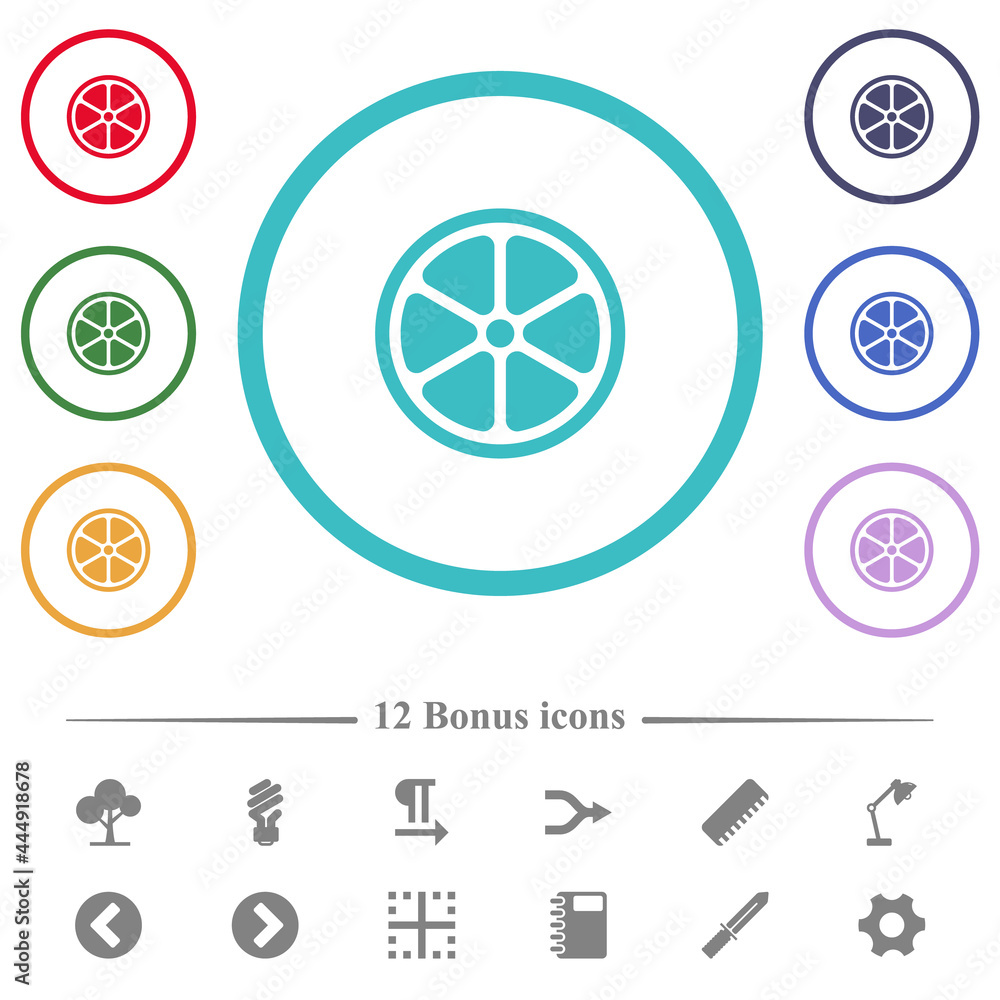 Poster lemon slice solid flat color icons in circle shape outlines