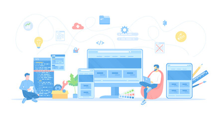 The programmer is developing a website UI UX interface on monitor screen, tablet, phone. Frontend Development, Creating a site layout, template. Vector illustration flat style.