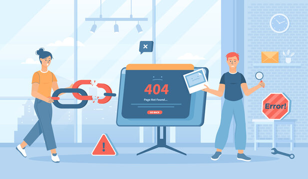 Broken link. Error - Page not found 404, Go back. Link to empty non existent page.  Flat cartoon vector illustration with people characters for banner, website design or landing web page  