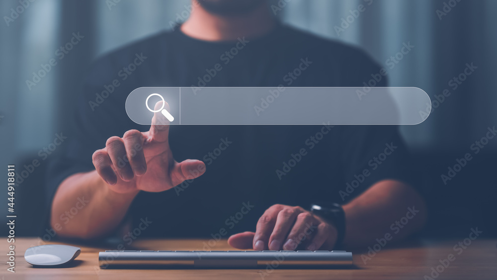 Aufkleber Data Search Technology Search Engine Optimization. man's hands are using a computer keyboard to Searching for information. Using Search Console with your website..