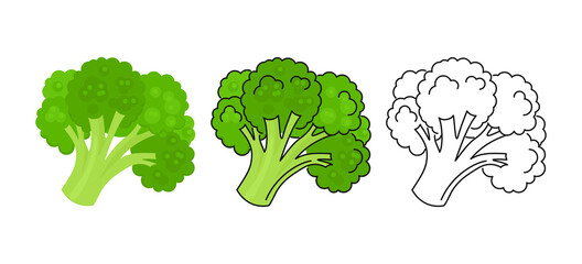 Broccoli icons set. Simple flat illustration, green vegetable with black contour and black and white outline.