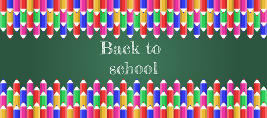 Back to school concept. Text on board. Colorful pencils in flat style with board on back. Mockup for school theme illustration. Vector illustration