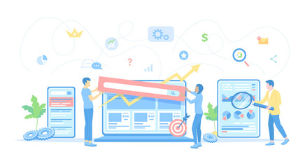 Analytics team works with the site page. Website Optimization, Analysis, Content writing, Keywording, Reporting, Design, SEO, Links building. Vector illustration flat style.