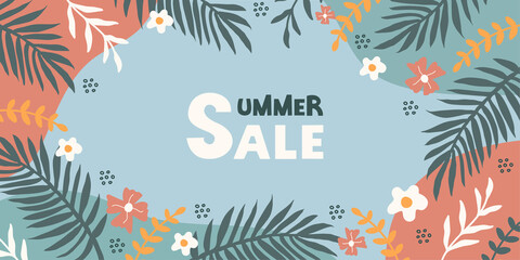 Fototapeta na wymiar Summer SALE colorful banner background with tropical leaves, flowers and lettering on blue background. Modern summer design. Vector illustration 