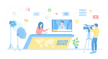 News studio room with woman newscaster, journalist on a tv screen, cameraman and video lighting kits. Breaking world news, TV show. Vector illustration flat style.