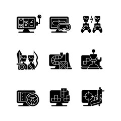 Online gameplay black glyph icons set on white space. Exciting time spending with friends. Big team combat on digital battlefield. Fighting simulator. Silhouette symbols. Vector isolated illustration