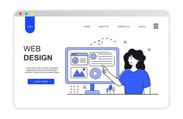 Woman designer create web page. Web development concept. SEO development theme illustration.