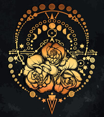 Vector illustration, Moon Phases, Alchemy, magical astrology, spirituality and occultism, roses, Handmade, print on t-shirt, chalkboard background