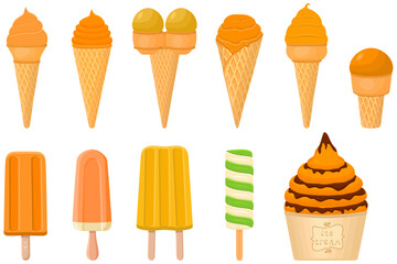big kit ice cream popsicle different types in cone waffle cup