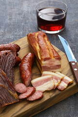 homemade smoked foods; bacon, sausage, beef jerky