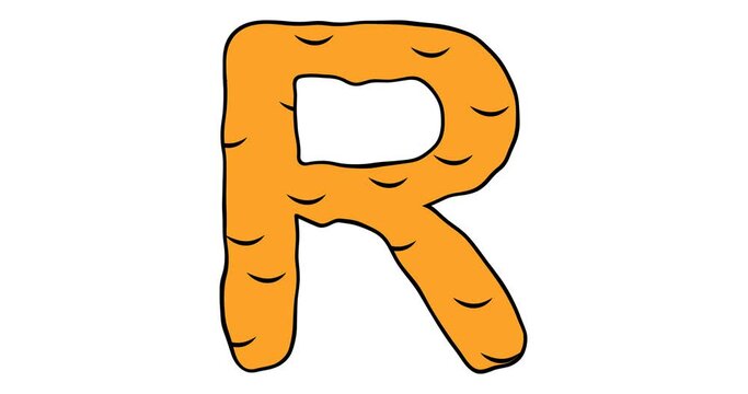 Letter R. Video in cartoon style, melting orange letter on which liquid flows down. Advertising of honey, chocolate and ice cream. 4K animation with alpha channel for web sites, presentations