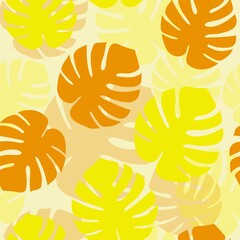 Monstera leaves tropical bright pattern design. Exotic summer yellow orange leaves colorful texture. Textile, print, fabrix, texture design pattern.