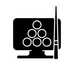 Online billiard games black glyph icon. Modern sport simulator activities. Spending time with fun. Challenge to try with friends. Silhouette symbol on white space. Vector isolated illustration