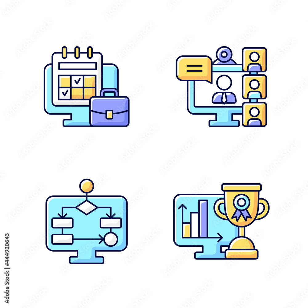 Poster online work tracking rgb color icons set. video conference. employee meeting remotely. task scheme. 