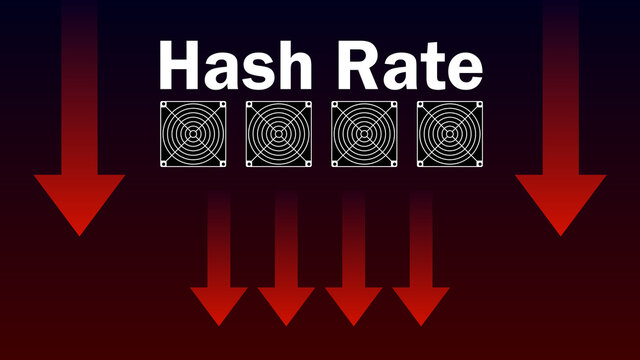 Hash rate fallen red down arrow. Mining power has dropped. Banner for news. Vector illustration.