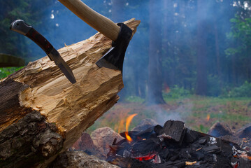 Camp fire in a forest with chopper in wood