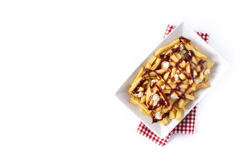 Traditional Canadian Poutine isolated on white background. Top view. Copy space
