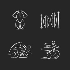 Surf riding chalk white icons set on dark background. Wetsuit. Choosing surfboard size. Surf wipeout. Flight maneuver. Keep warmth. Pick best board. Isolated vector chalkboard illustrations on black