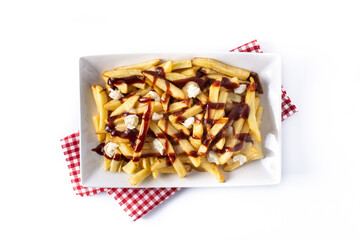 Traditional Canadian Poutine isolated on white background. Top view
