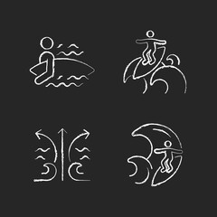Riding wave using board chalk white icons set on dark background. Entering water. Floater technique. Rip currents. Big wave. Surfing for first time. Isolated vector chalkboard illustrations on black