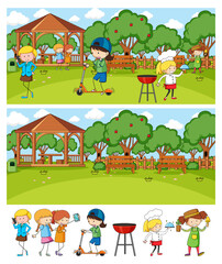 Set of different horizontal scenes background with doodle kids cartoon character