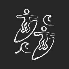 Surfing with mate chalk white icon on dark background. Catching waves with surf coach and experienced friend. Joining surf club. Water sport activity. Isolated vector chalkboard illustration on black