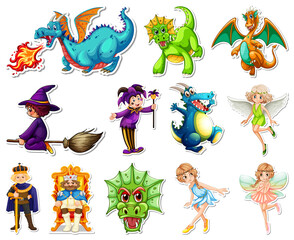 Sticker set with different fairytale cartoon characters