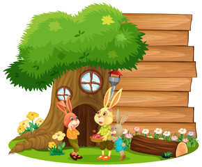 Blank wooden banner in the garden with cute rabbits isolated