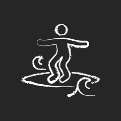 Obraz na płótnie Canvas Crumbly waves surfing chalk white icon on dark background. Learning surfing tricks on mushy waves. Beginner friendly conditions. Light onshore wind. Isolated vector chalkboard illustration on black