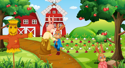 Obraz na płótnie Canvas Farm scene at daytime with rabbit family