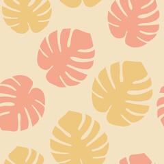 Monstera leaves tropical pink pattern design. Exotic summer light pink leaves colorful texture. Textile, print, fabric, texture design pattern.