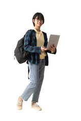 Happy Asian teen girl holding laptop computer and carry backpack, isolate on white background.