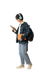 Asian teen girl holding smart phone and wearing headphones, isolate on white background.