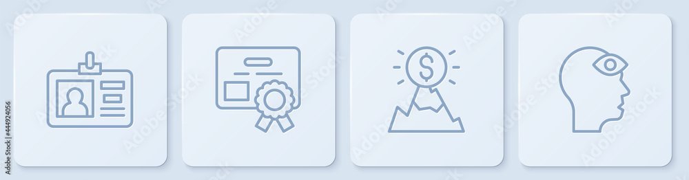 Poster set line identification badge, mountains with flag, certificate template and man third eye. white sq