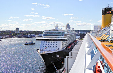 Modern luxury Mein Schiff cruiseship cruise ship liner with blue sky during Summer cruising