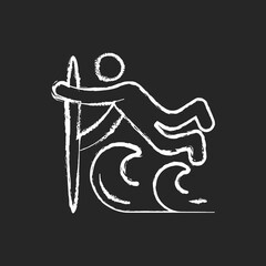 Superman surfing technique chalk white icon on dark background. Performing advanced aerial maneuver. Extreme sports trick. Flying over wave. Isolated vector chalkboard illustration on black