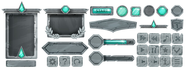 Stone UI game button set, rock vector frame, gray boulder sign board, green crystal, icon collection. User interface medieval window menu concept, circle and square panels. Stone button asset on white © Oleksandra