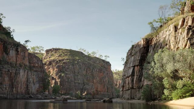 upstream view of cliffs in the second nitmiluk gorge, also known as katherine gorge at nitmiluk national park in the northern territory