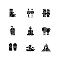 Traditional taiwanese black glyph icons set on white space. Buddha great journey satisfaction. Budaixi glove puppets show. Asian trip attractions. Silhouette symbols. Vector isolated illustration