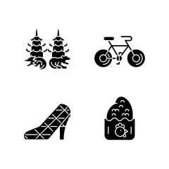 Asian black glyph icons set on white space. Taiwanese recreational customs. High heel wedding church. Dragon tiger pagodas. Chicken cutlet. Cycling. Silhouette symbols. Vector isolated illustration