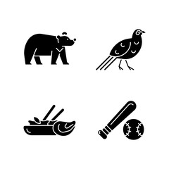 Taiwan national endemic black glyph icons set on white space. Formosan black bear. Mikado pheasant gamebird. Traditional thai cuisine. Baseball league. Silhouette symbols. Vector isolated illustration