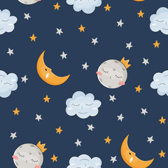 Obraz na płótnie Canvas Cute moon and stars seamless pattern. Vector illustration.